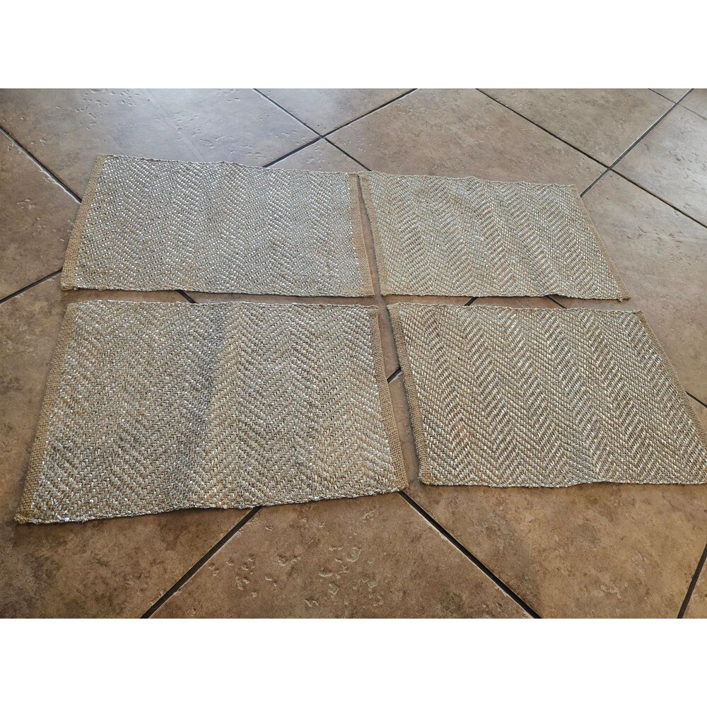 Beige Jute and Silver Thread Table Placemats Set of 4 13" X 19"